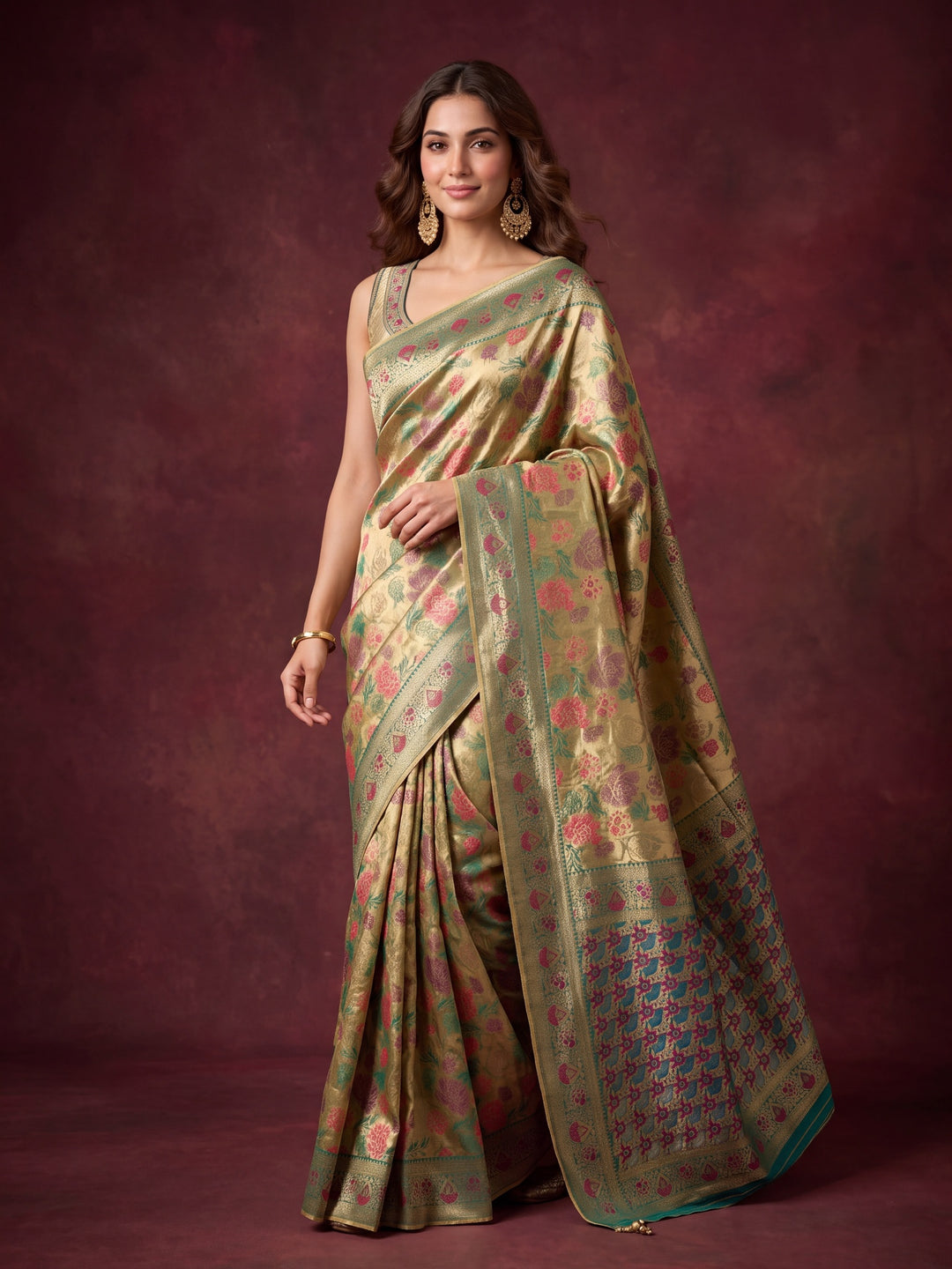 Leaf Green Art Silk Jaal Saree With Matching Blouse Piece