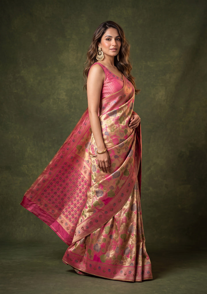 Magenta Pink Art Silk Jaal Saree With Matching Blouse Piece