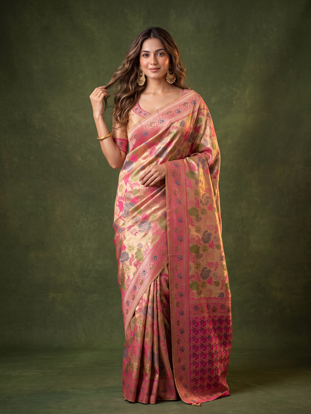 Magenta Pink Art Silk Jaal Saree With Matching Blouse Piece
