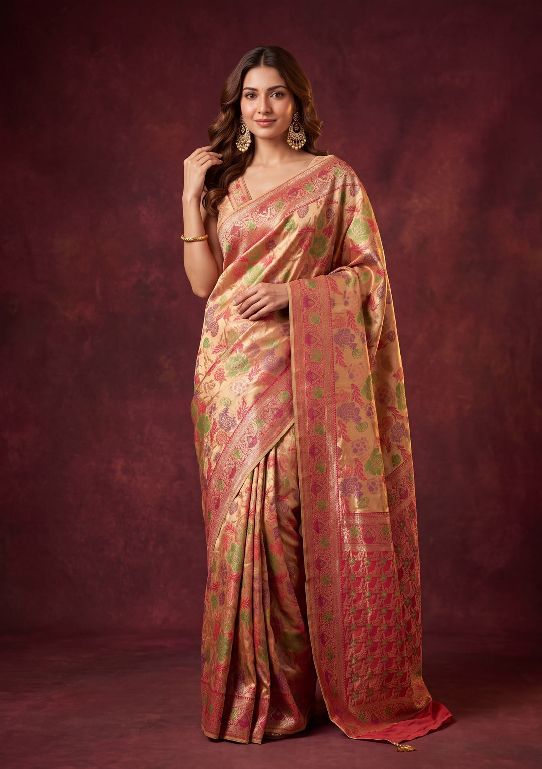 Red Art Silk Jaal Saree With Matching Blouse Piece