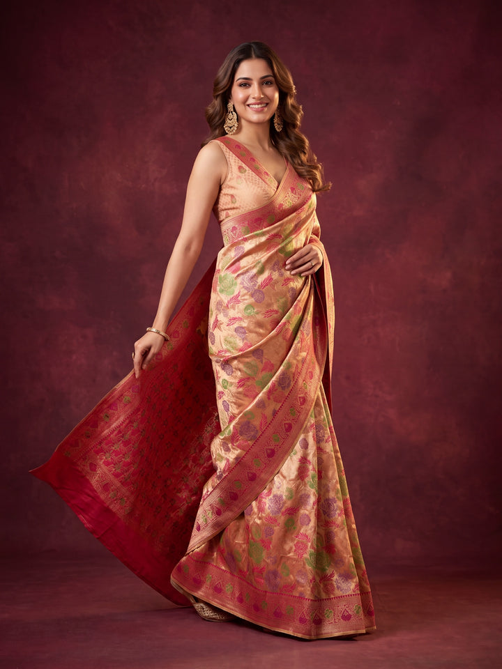 Red Art Silk Jaal Saree With Matching Blouse Piece