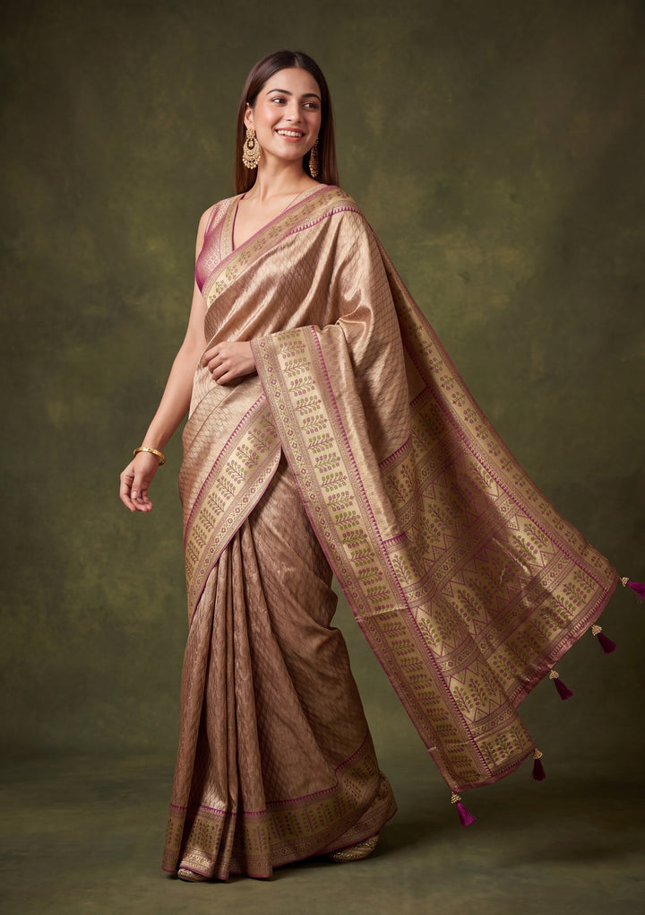 Beige Art Silk Jaal Saree With Matching Blouse Piece