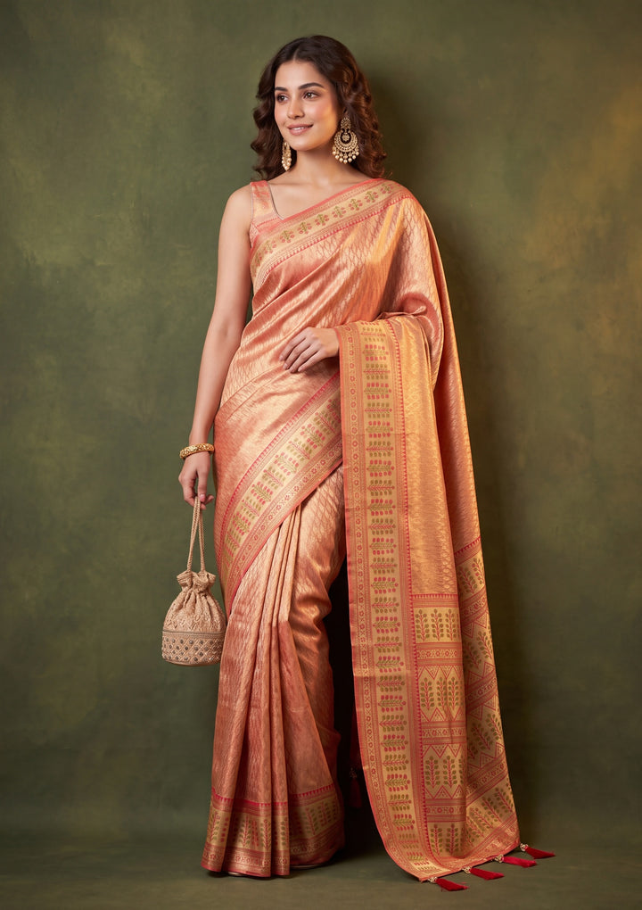 Peach Art Silk Jaal Saree With Matching Blouse Piece