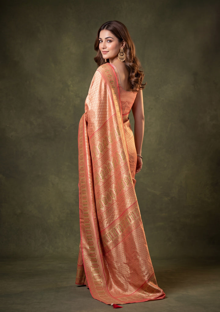 Peach Art Silk Jaal Saree With Matching Blouse Piece