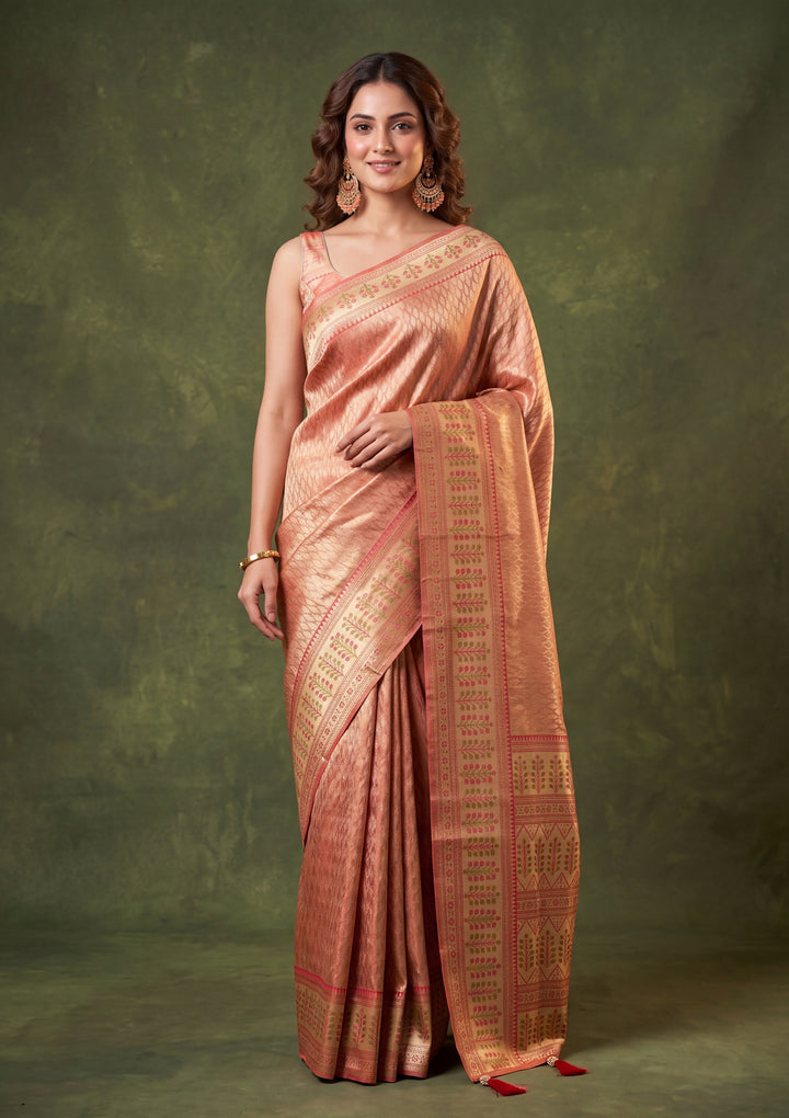 Peach Art Silk Jaal Saree With Matching Blouse Piece