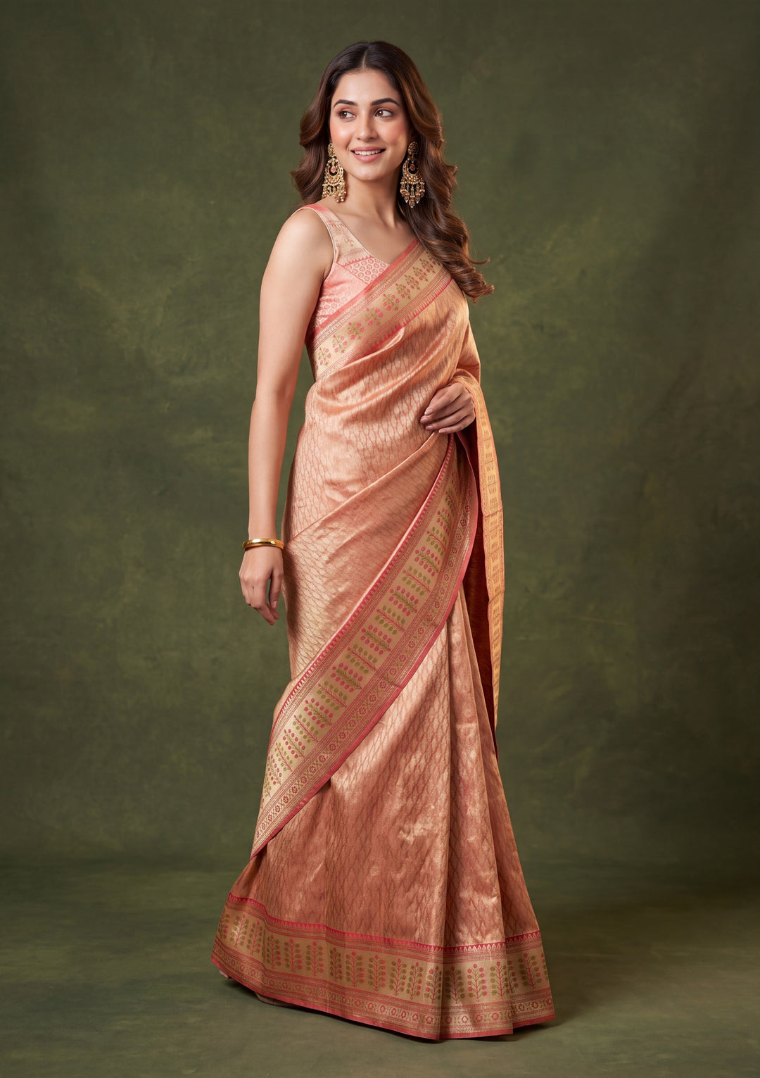 Peach Art Silk Jaal Saree With Matching Blouse Piece