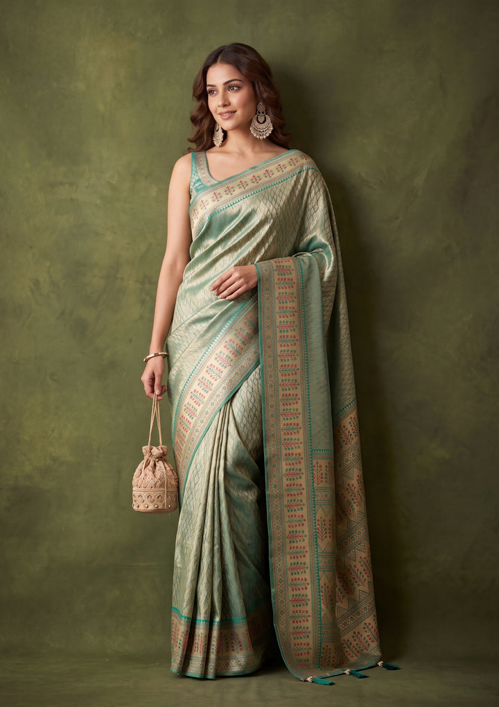 Rama Green Art Silk Jaal Saree With Matching Blouse Piece