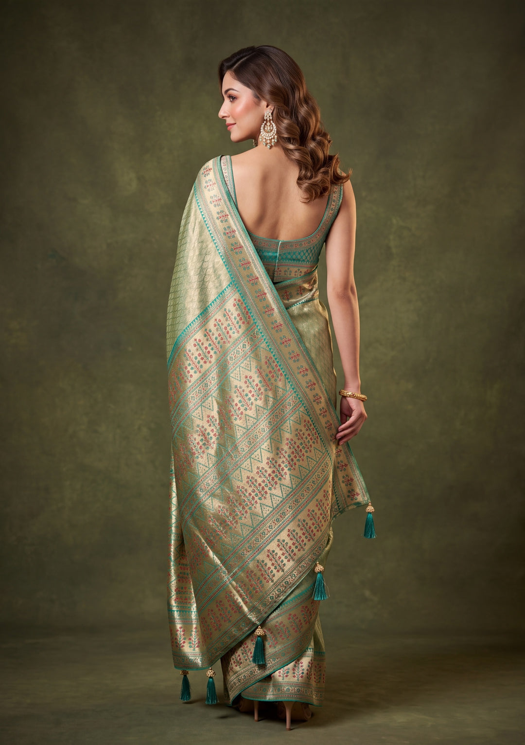 Rama Green Art Silk Jaal Saree With Matching Blouse Piece
