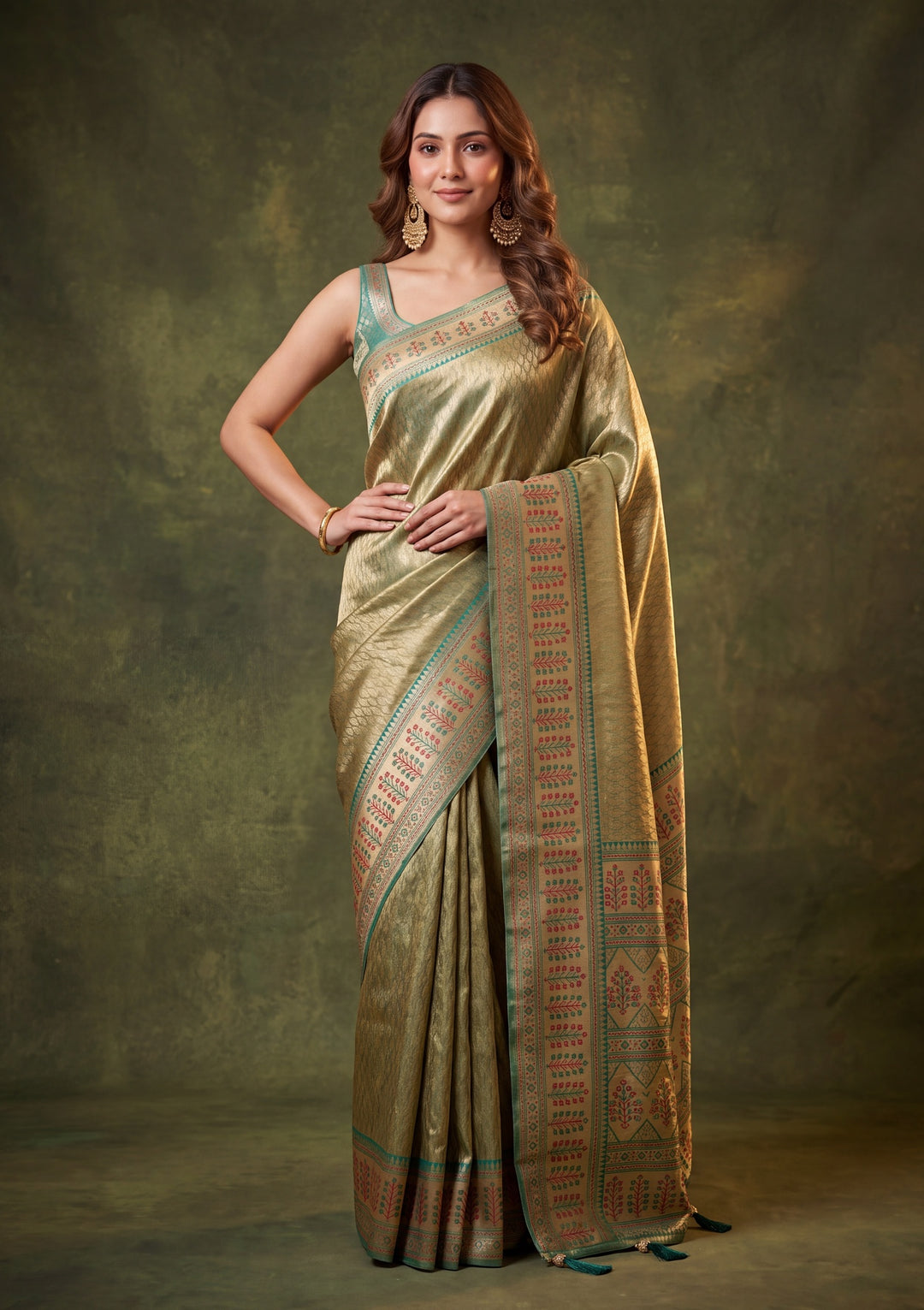 Rama Green Art Silk Jaal Saree With Matching Blouse Piece
