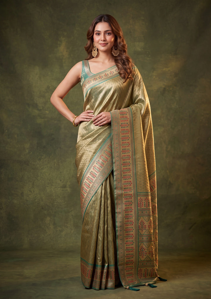 Rama Green Art Silk Jaal Saree With Matching Blouse Piece