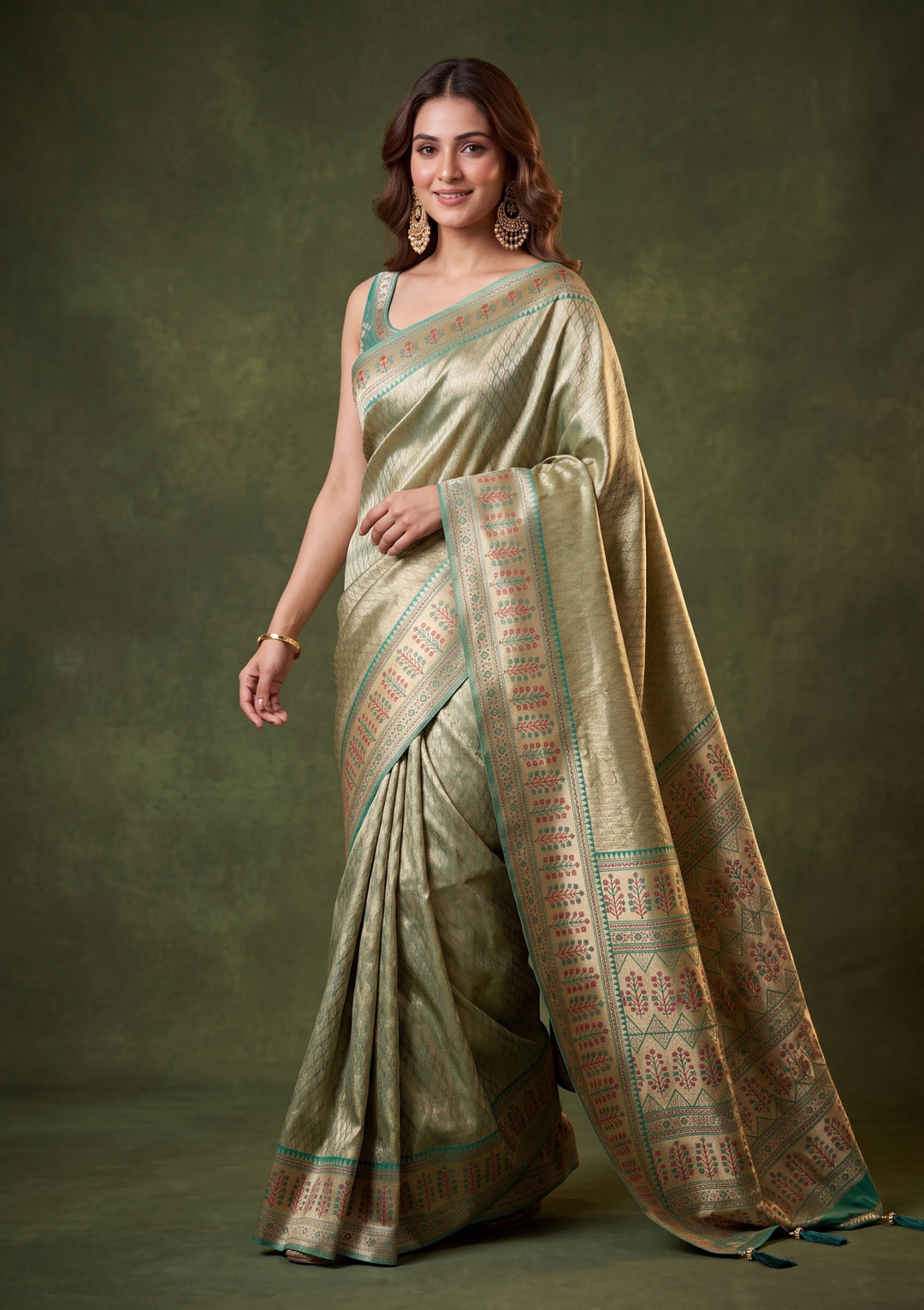 Rama Green Art Silk Jaal Saree With Matching Blouse Piece