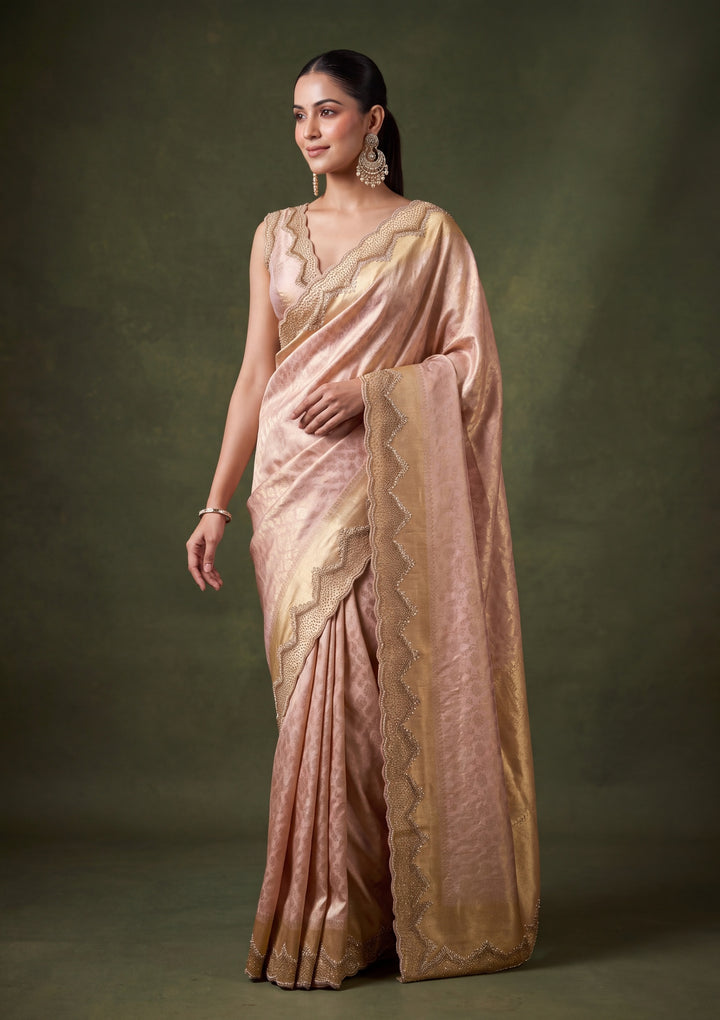 Baby Pink Art Silk Jaal Gold Stonework Saree With Matching Blouse Piece