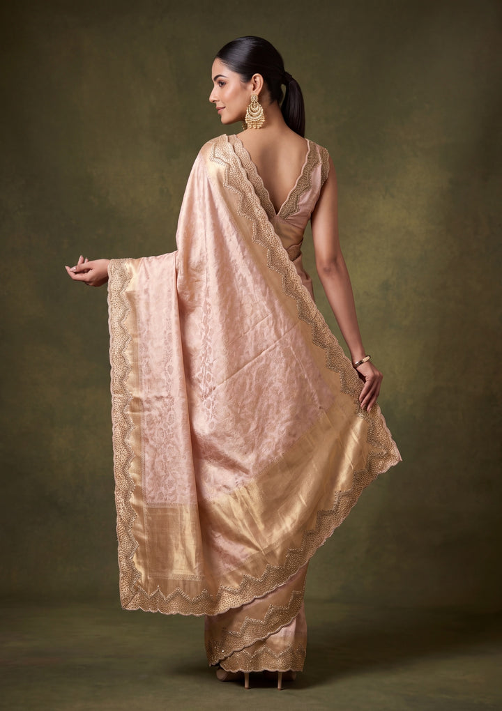 Baby Pink Art Silk Jaal Gold Stonework Saree With Matching Blouse Piece