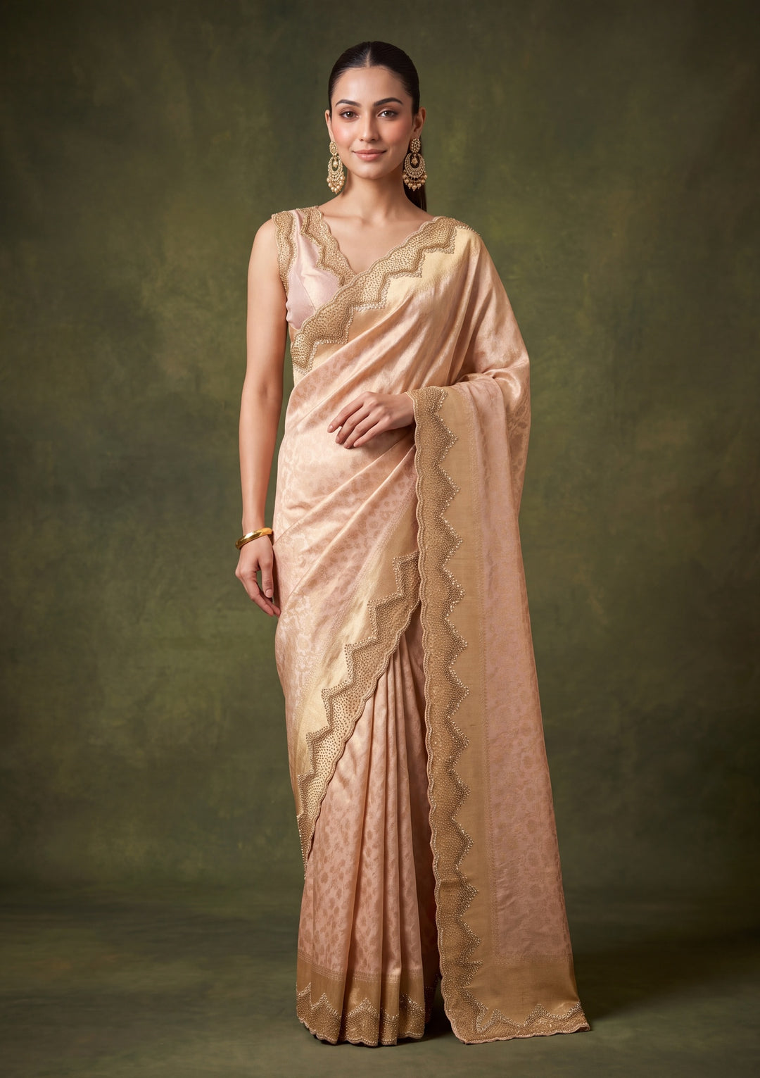 Baby Pink Art Silk Jaal Gold Stonework Saree With Matching Blouse Piece