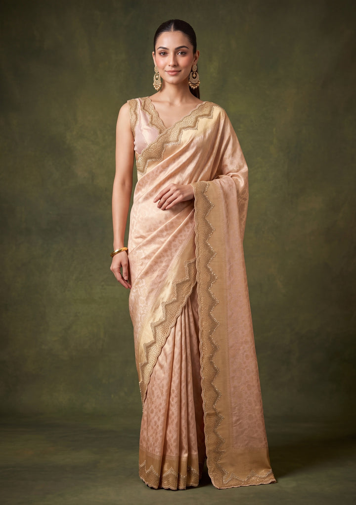 Baby Pink Art Silk Jaal Gold Stonework Saree With Matching Blouse Piece