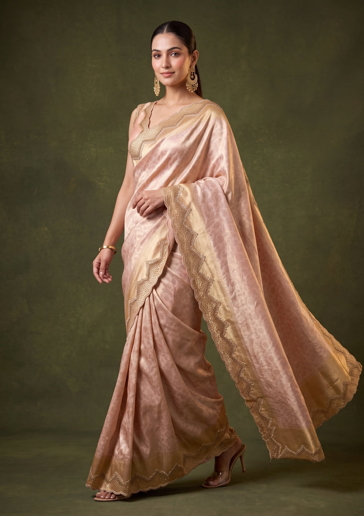 Baby Pink Art Silk Jaal Gold Stonework Saree With Matching Blouse Piece