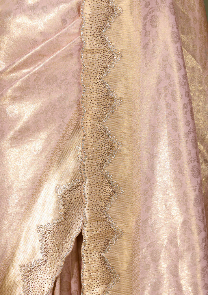 Baby Pink Art Silk Jaal Gold Stonework Saree With Matching Blouse Piece