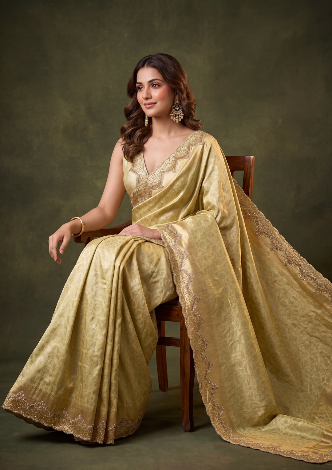 Pista Green Art Silk Jaal Gold Stonework Saree With Matching Blouse Piece