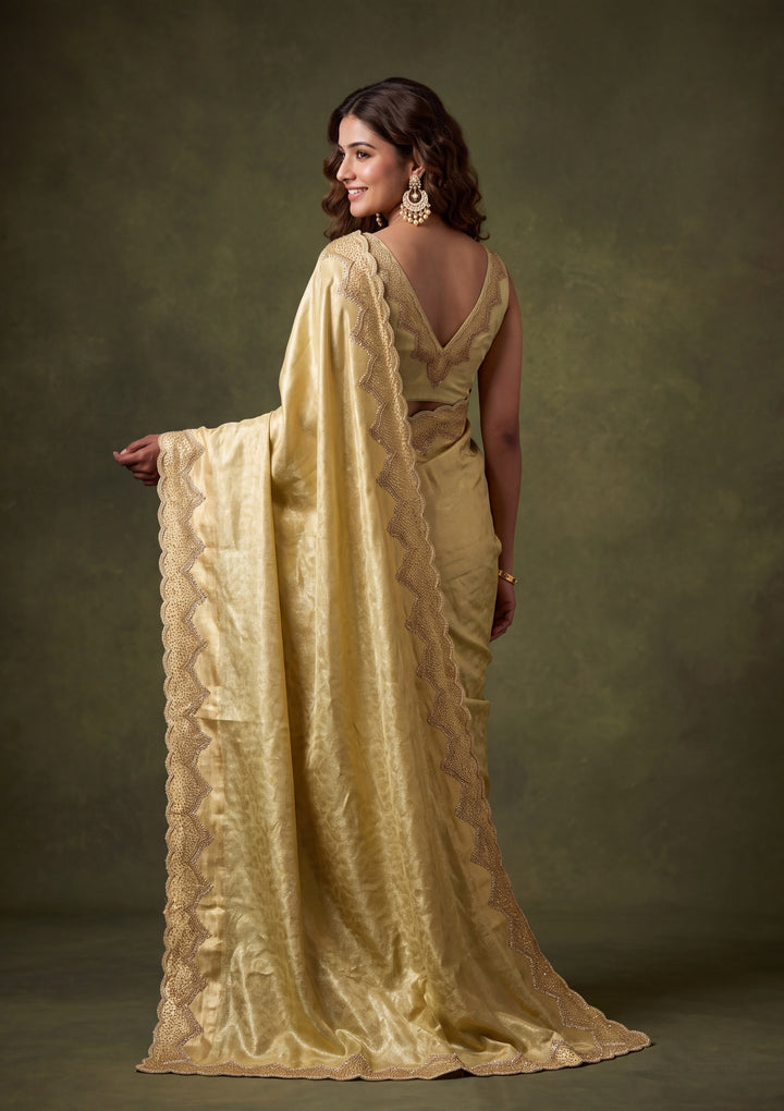 Pista Green Art Silk Jaal Gold Stonework Saree With Matching Blouse Piece