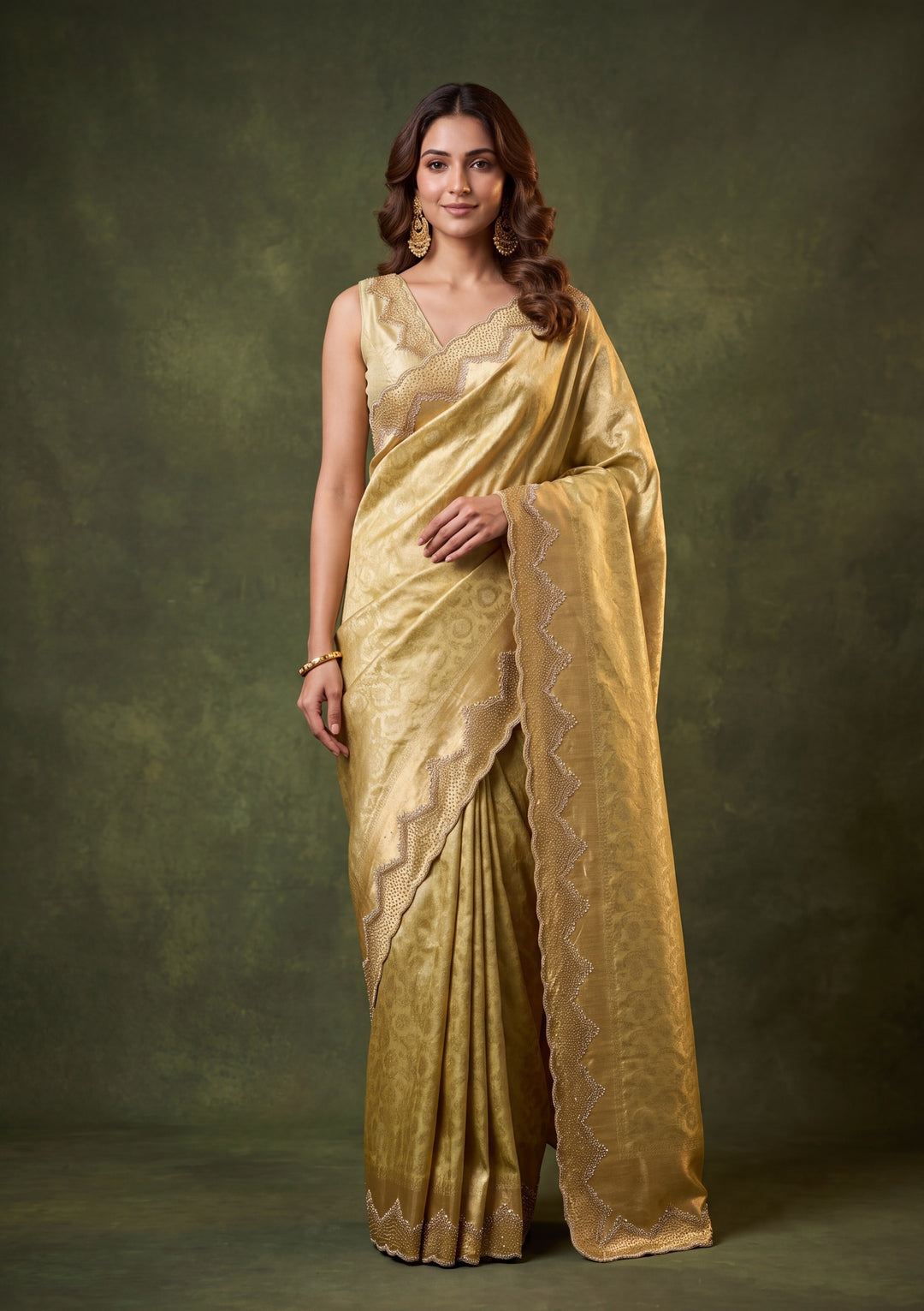 Pista Green Art Silk Jaal Gold Stonework Saree With Matching Blouse Piece