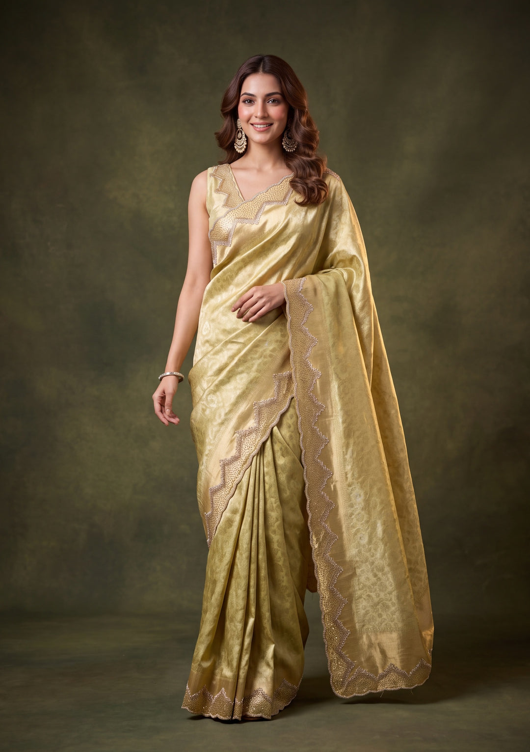 Pista Green Art Silk Jaal Gold Stonework Saree With Matching Blouse Piece