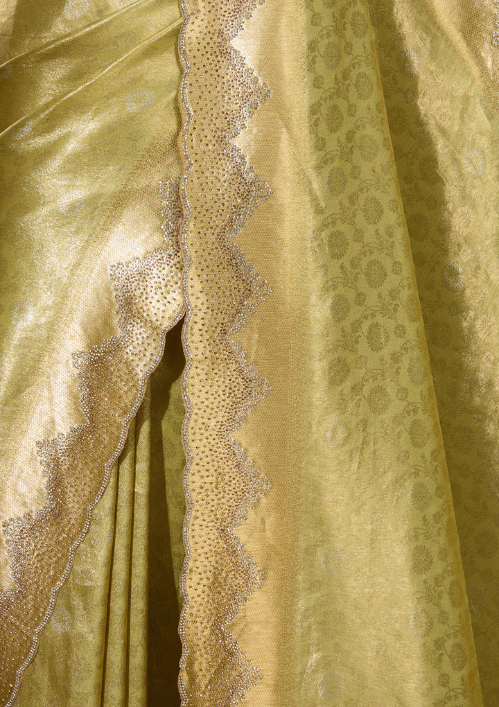 Pista Green Art Silk Jaal Gold Stonework Saree With Matching Blouse Piece