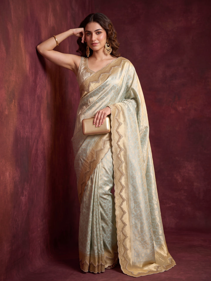 Sky Blue Art Silk Jaal Gold Stonework Saree With Matching Blouse Piece