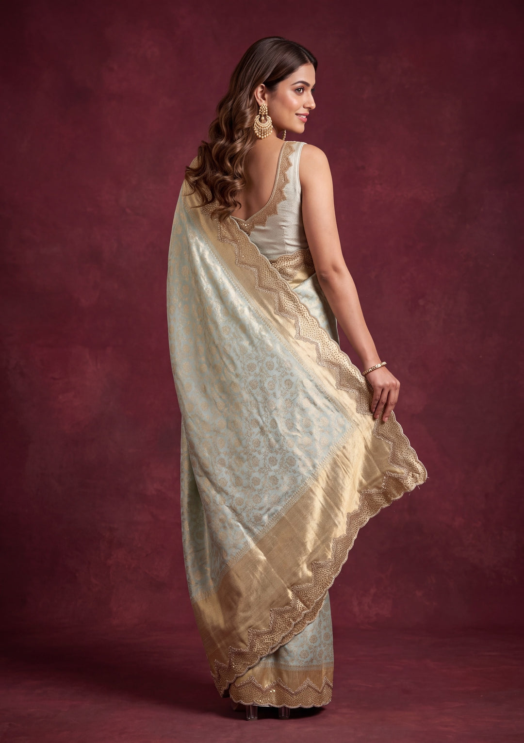 Sky Blue Art Silk Jaal Gold Stonework Saree With Matching Blouse Piece