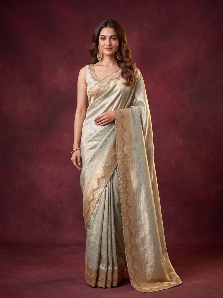 Sky Blue Art Silk Jaal Gold Stonework Saree With Matching Blouse Piece