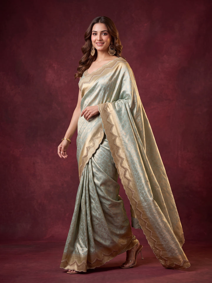 Sky Blue Art Silk Jaal Gold Stonework Saree With Matching Blouse Piece