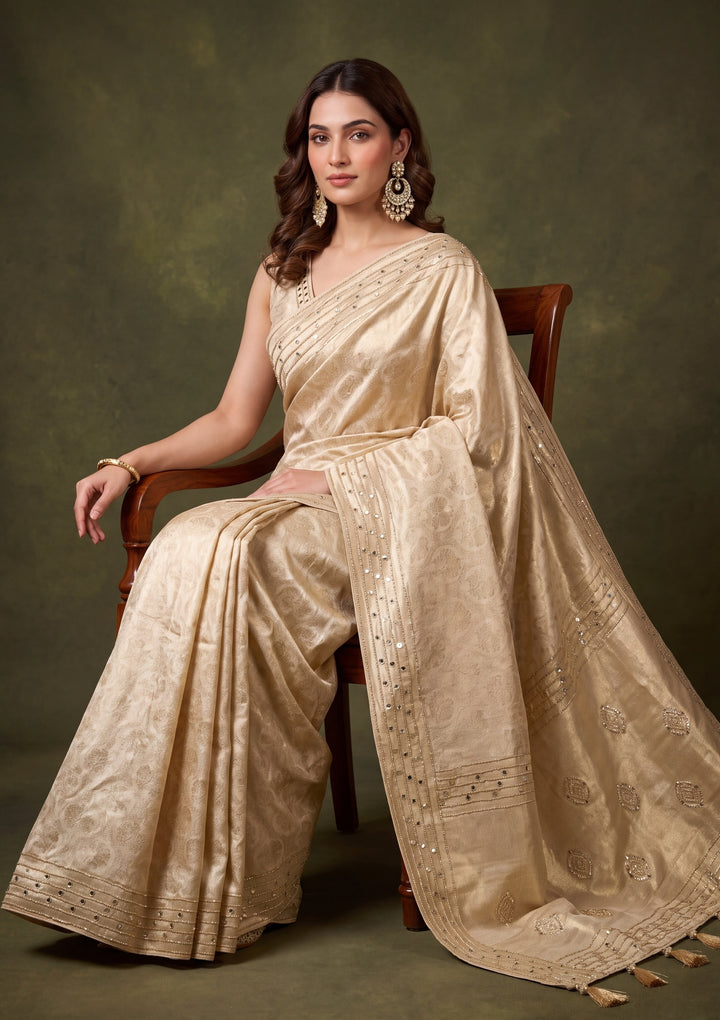 Beige Art Silk Jaal Mirrorwork Saree With Matching Blouse Piece