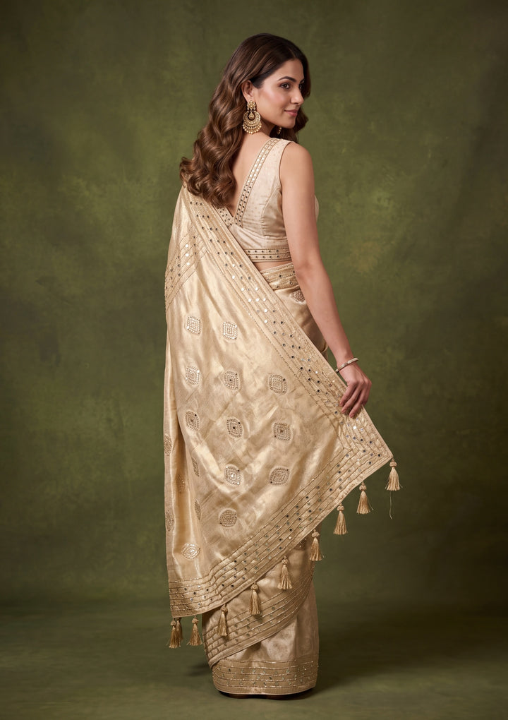 Beige Art Silk Jaal Mirrorwork Saree With Matching Blouse Piece