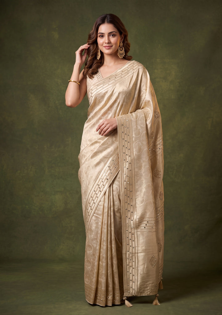 Beige Art Silk Jaal Mirrorwork Saree With Matching Blouse Piece