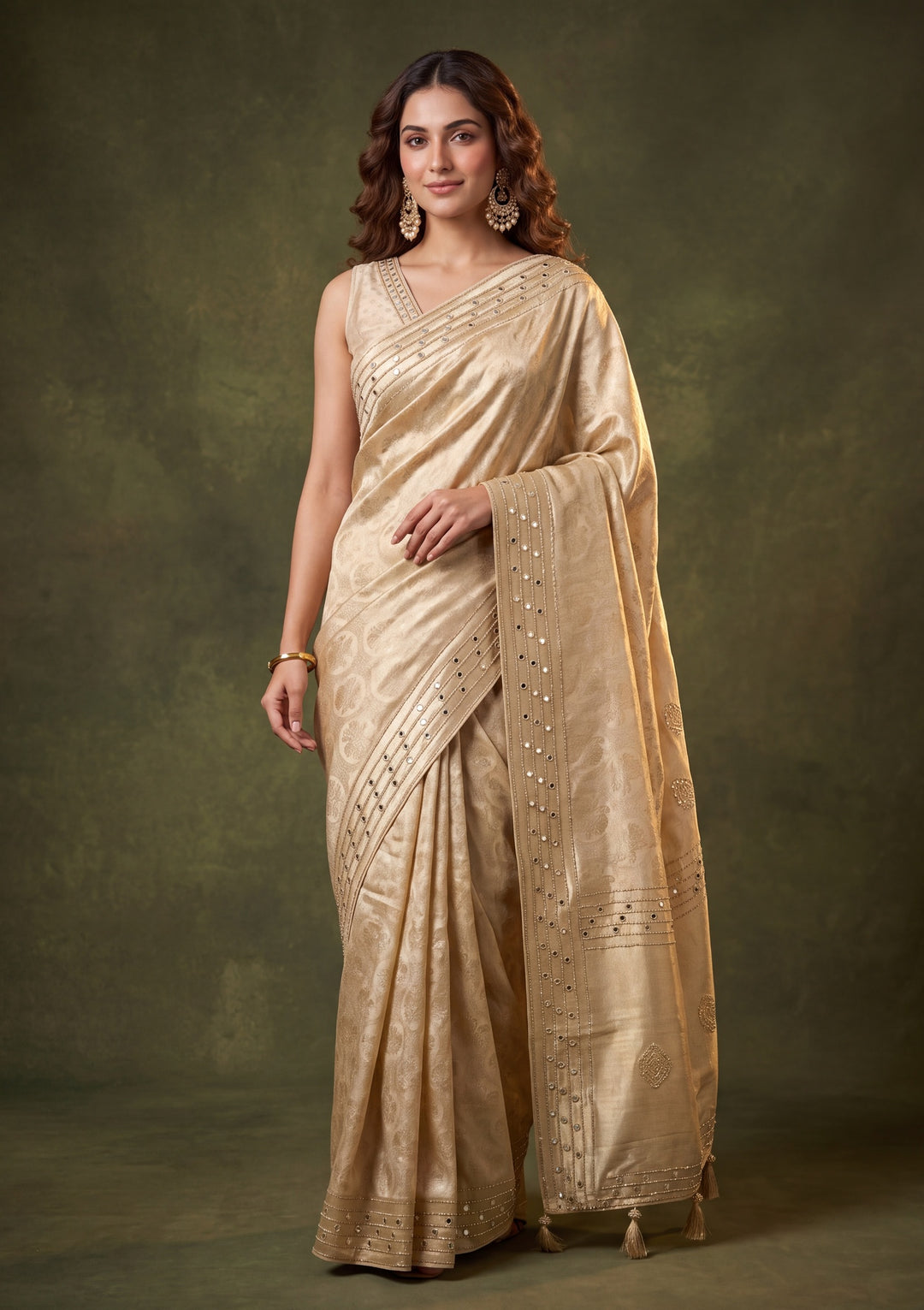 Beige Art Silk Jaal Mirrorwork Saree With Matching Blouse Piece