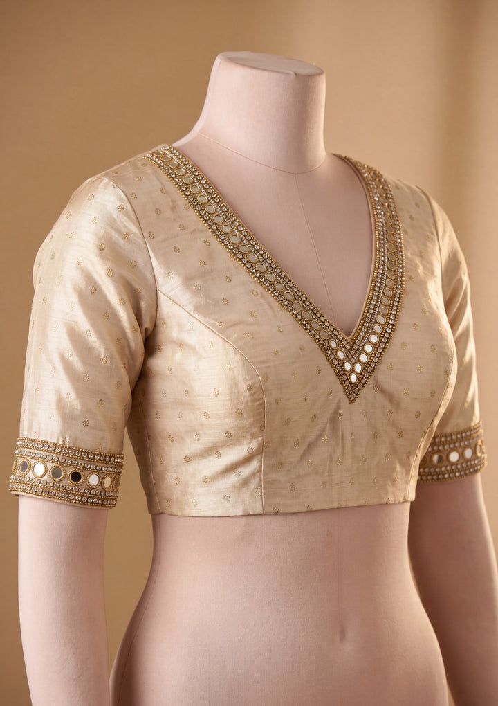 Beige Art Silk Jaal Mirrorwork Saree With Matching Blouse Piece
