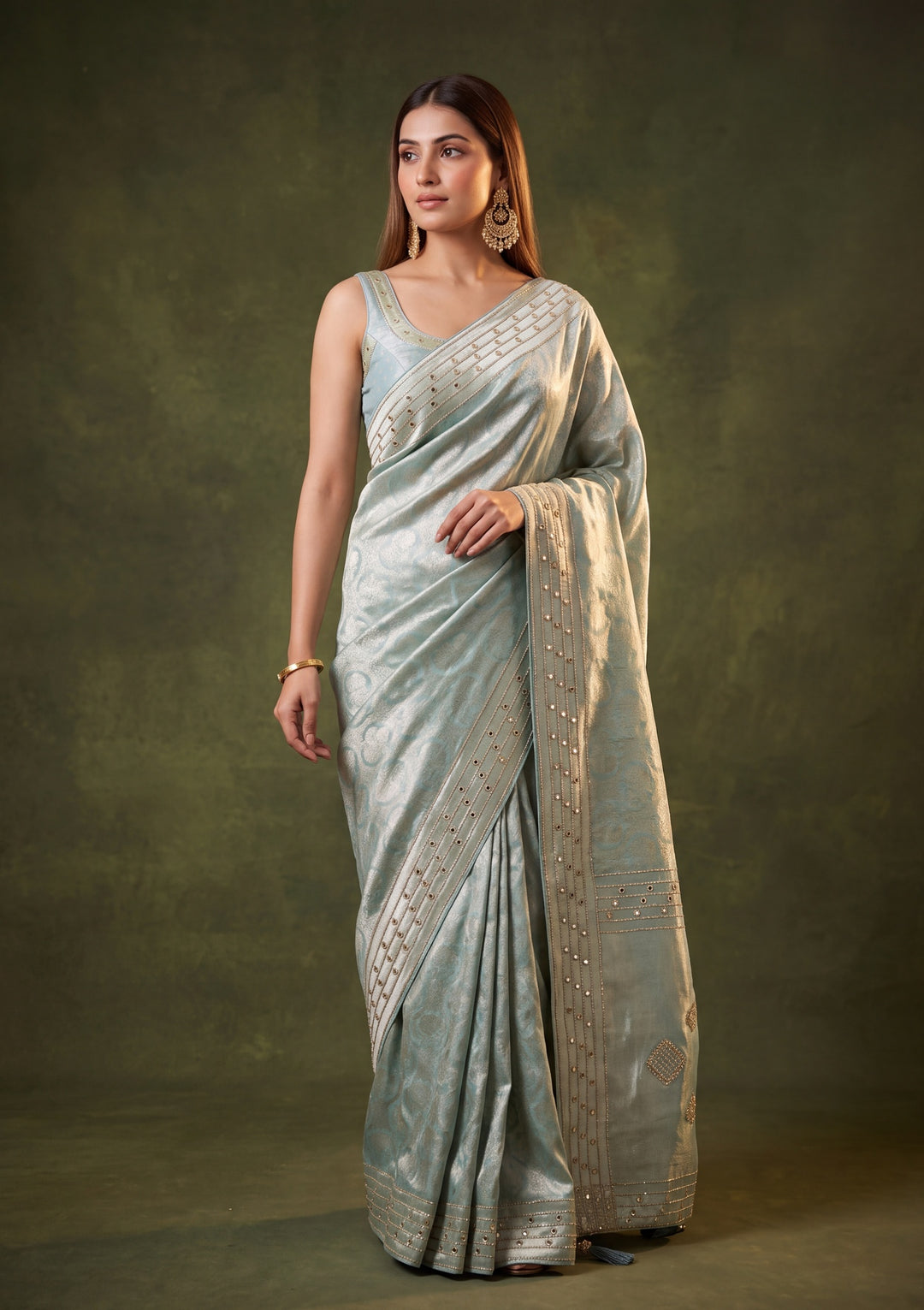 Sky Blue Art Silk Jaal Mirrorwork Saree With Matching Blouse Piece