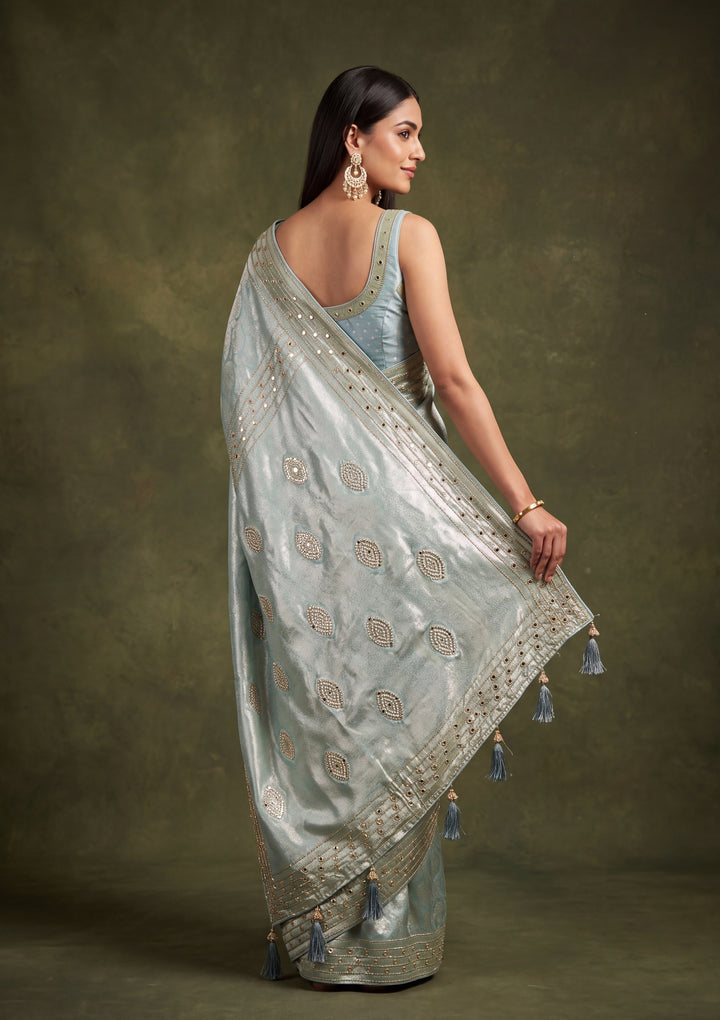 Sky Blue Art Silk Jaal Mirrorwork Saree With Matching Blouse Piece