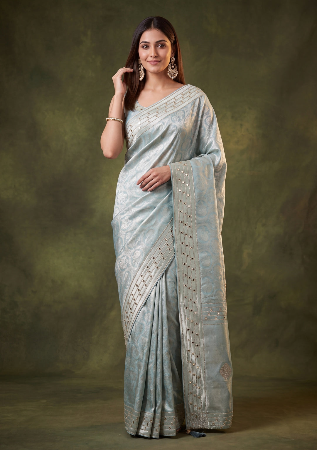 Sky Blue Art Silk Jaal Mirrorwork Saree With Matching Blouse Piece