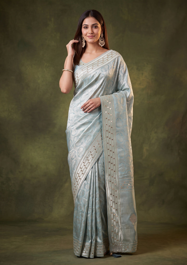 Sky Blue Art Silk Jaal Mirrorwork Saree With Matching Blouse Piece