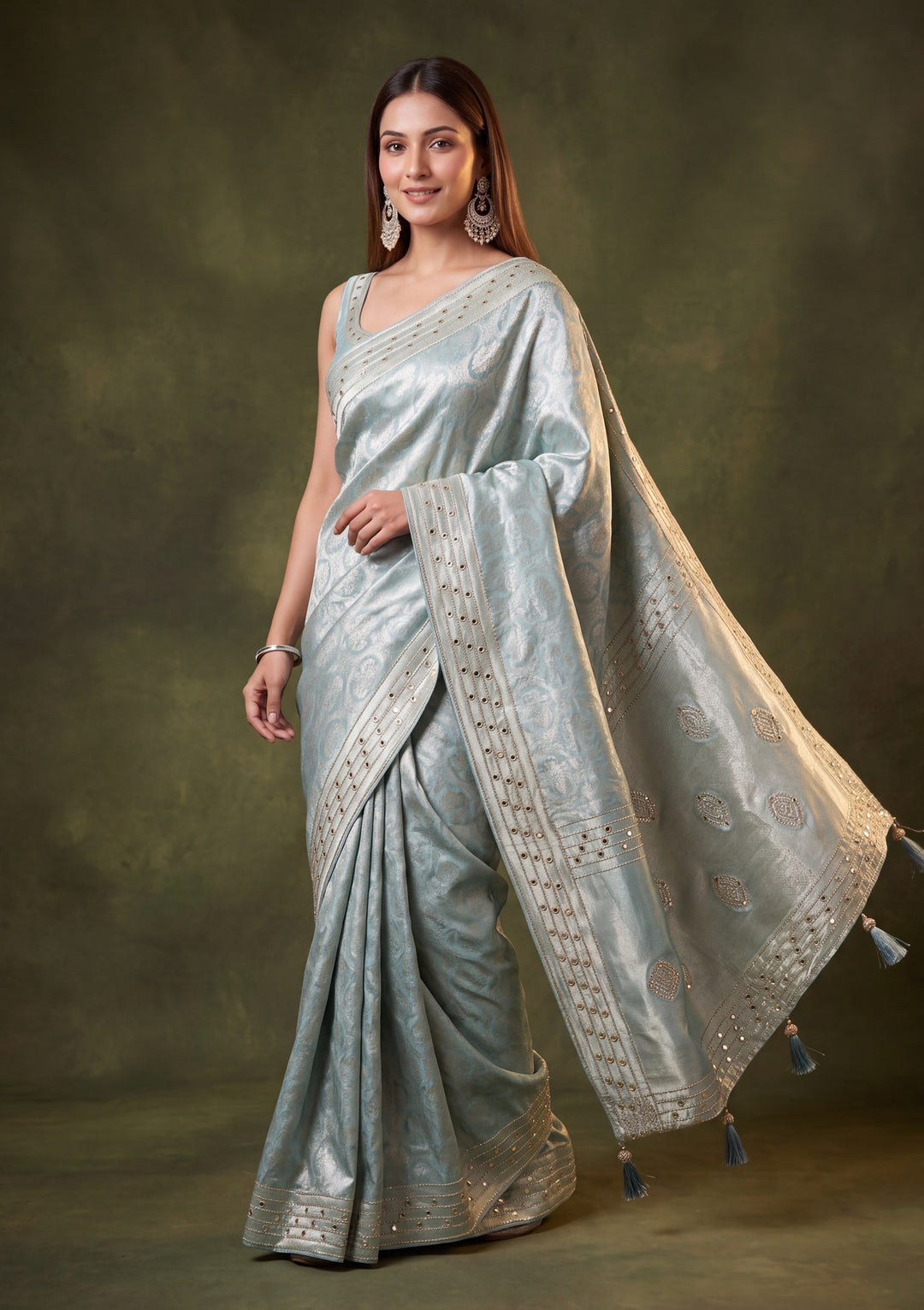 Sky Blue Art Silk Jaal Mirrorwork Saree With Matching Blouse Piece