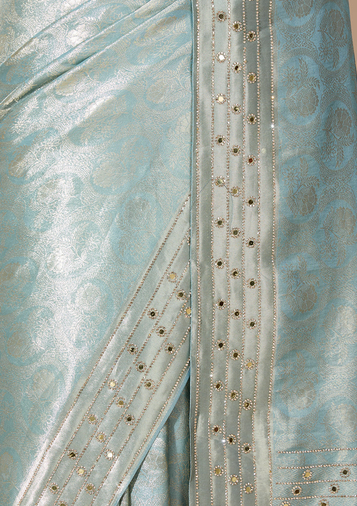 Sky Blue Art Silk Jaal Mirrorwork Saree With Matching Blouse Piece