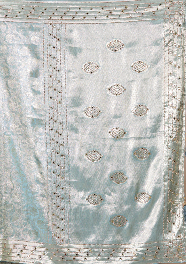 Sky Blue Art Silk Jaal Mirrorwork Saree With Matching Blouse Piece