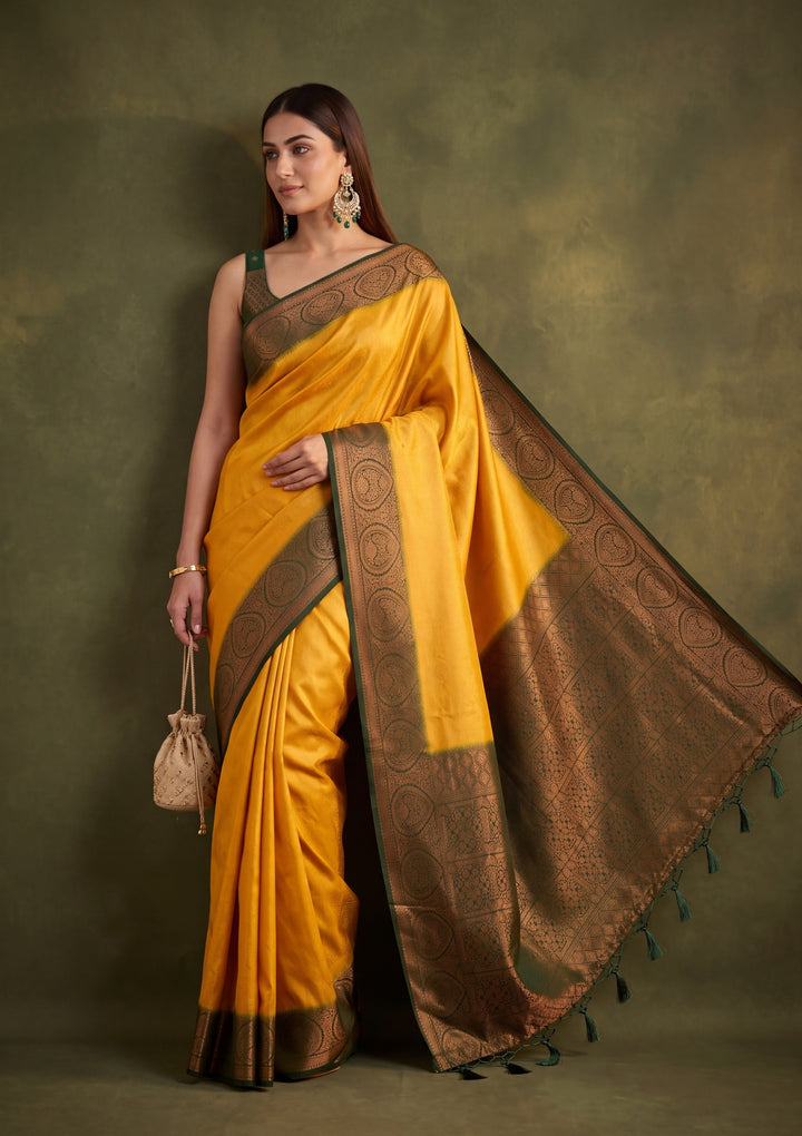 Mustard Yellow Art Silk Jaal Saree With Matching Blouse Piece