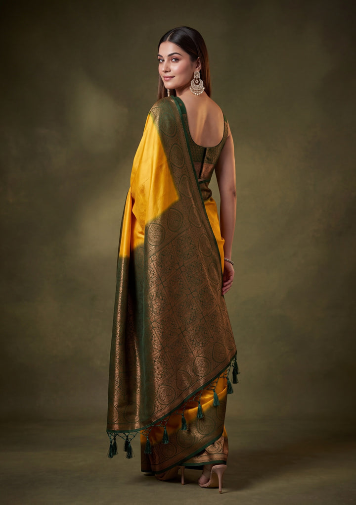 Mustard Yellow Art Silk Jaal Saree With Matching Blouse Piece