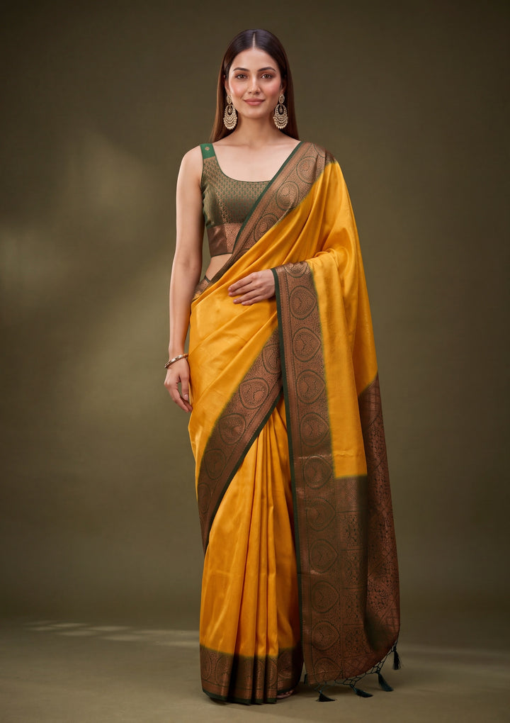 Mustard Yellow Art Silk Jaal Saree With Matching Blouse Piece