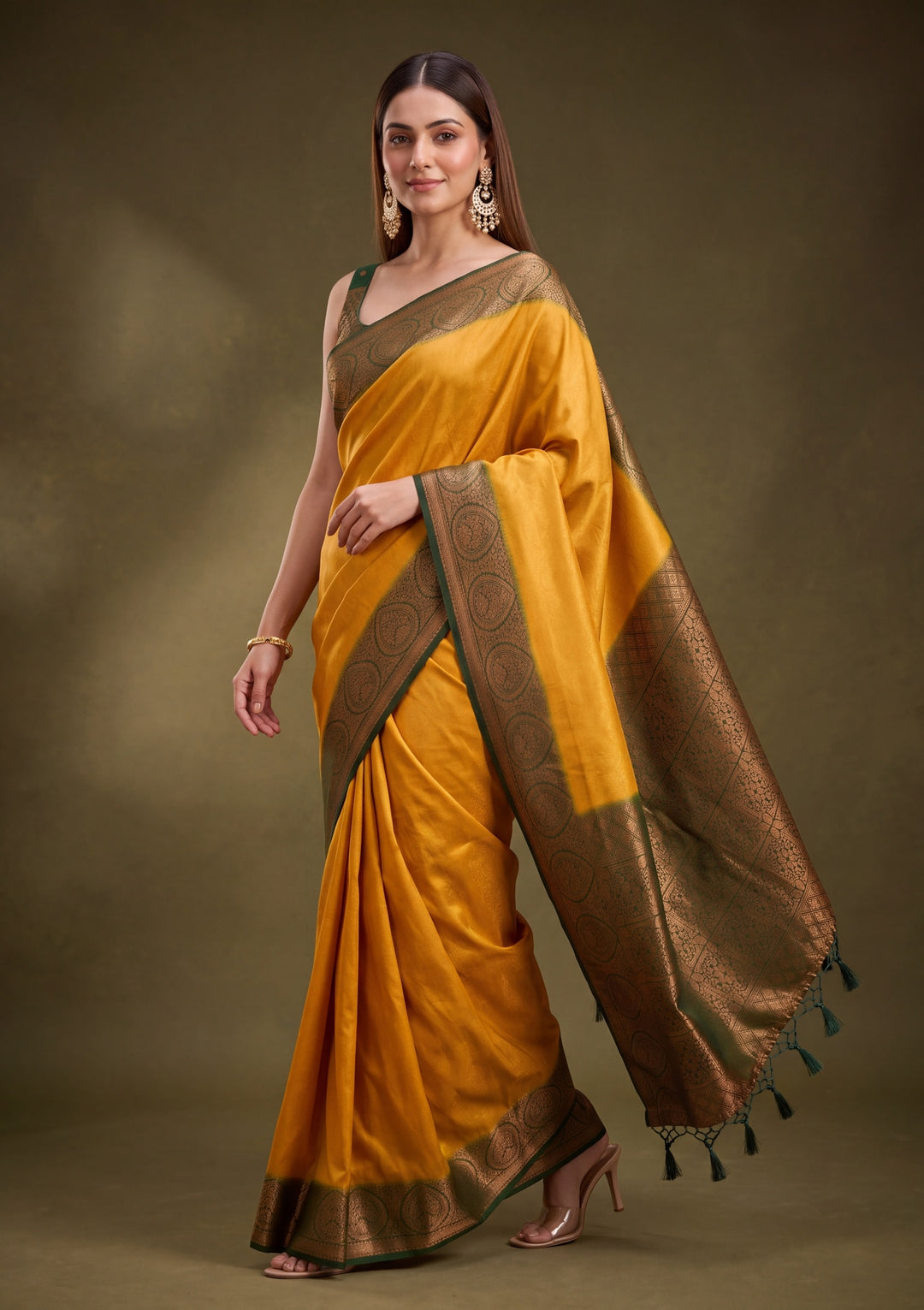 Mustard Yellow Art Silk Jaal Saree With Matching Blouse Piece