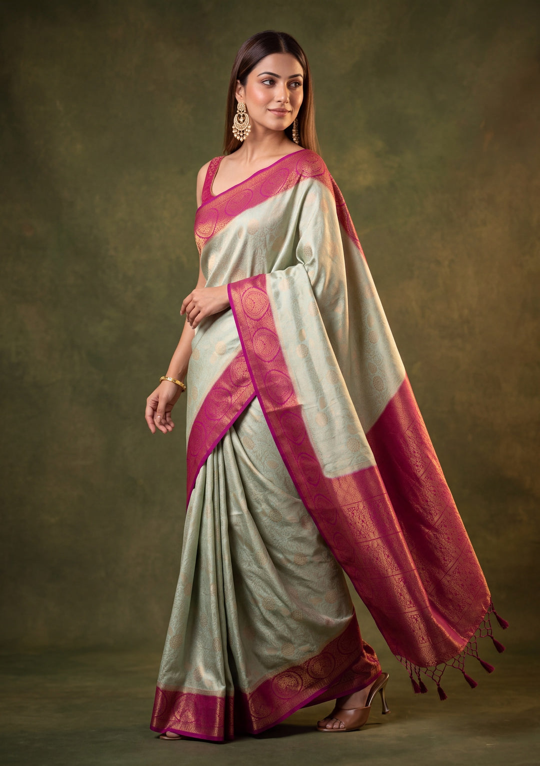Pista Green Art Silk Jaal Saree With Matching Blouse Piece