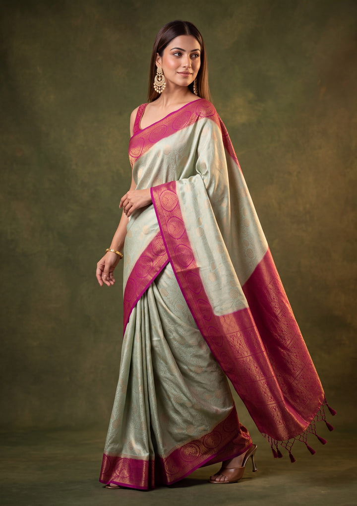 Pista Green Art Silk Jaal Saree With Matching Blouse Piece
