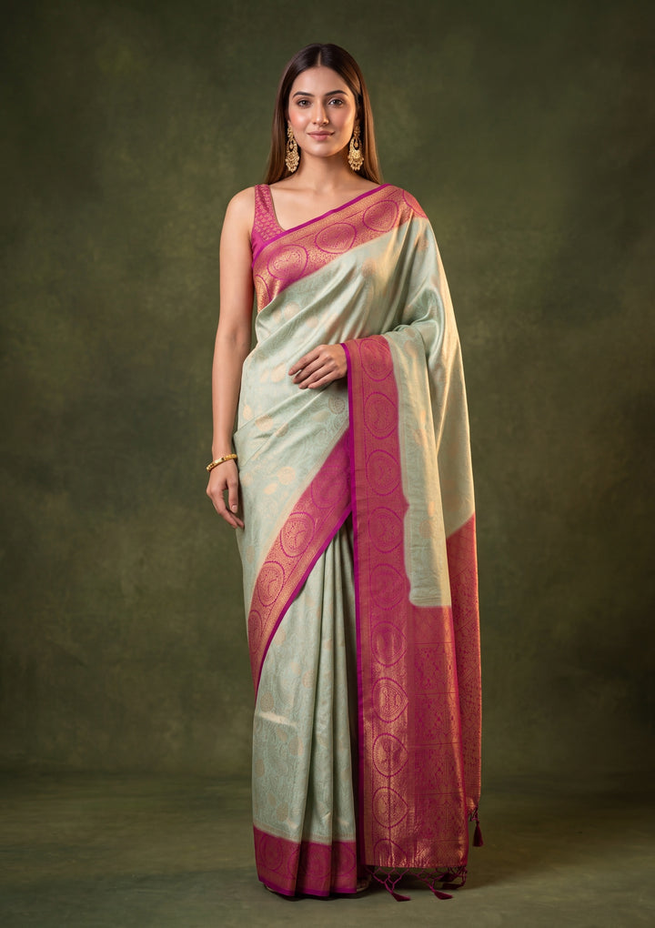 Pista Green Art Silk Jaal Saree With Matching Blouse Piece