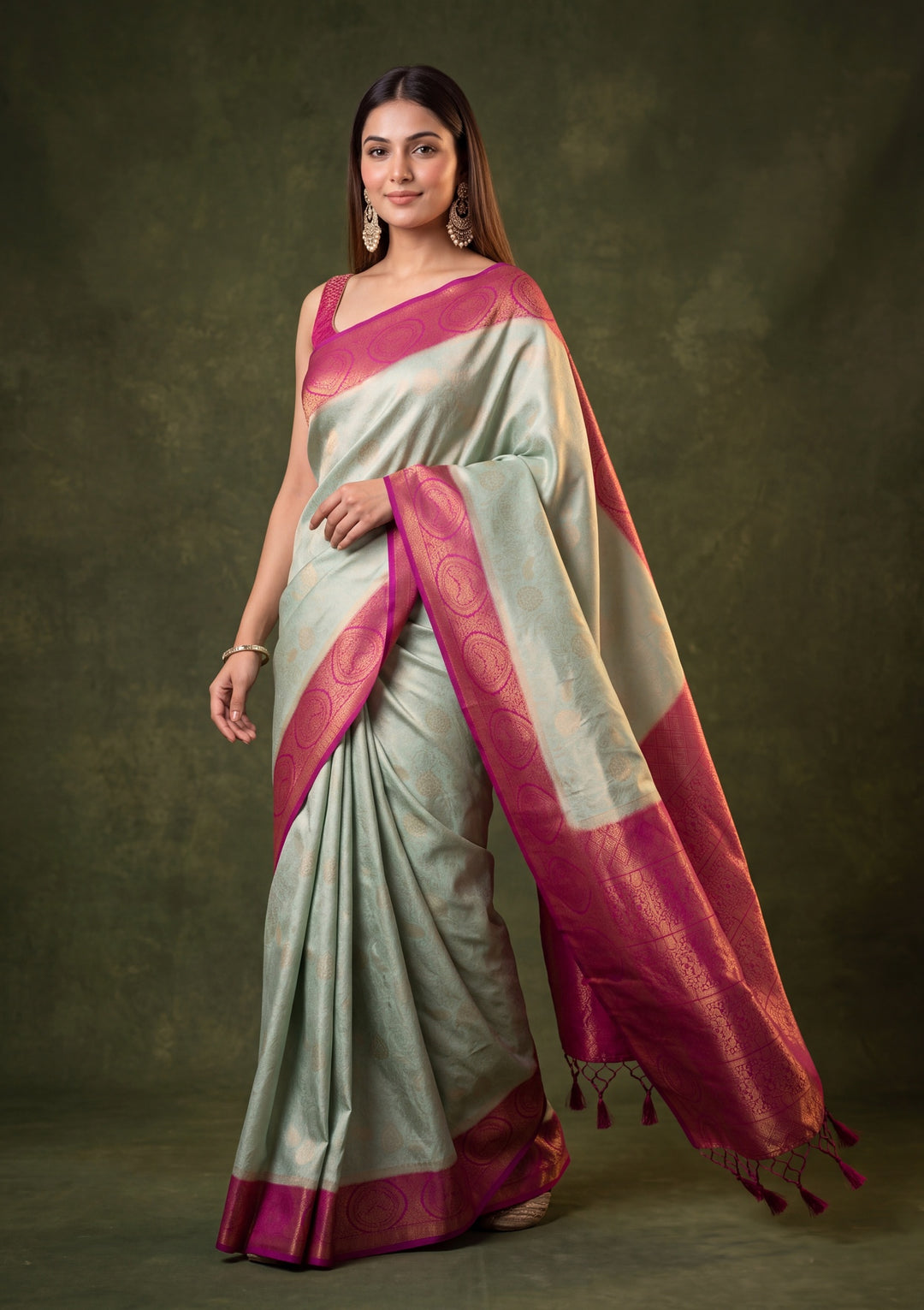 Pista Green Art Silk Jaal Saree With Matching Blouse Piece